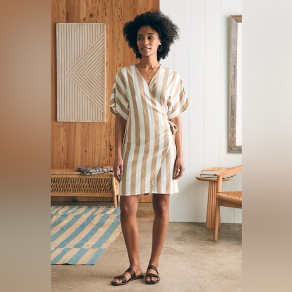 Faherty Willow Wrap Dress Bronze Stripe Short Sleeve Linen Blend Size Medium - Picture 1 of 11